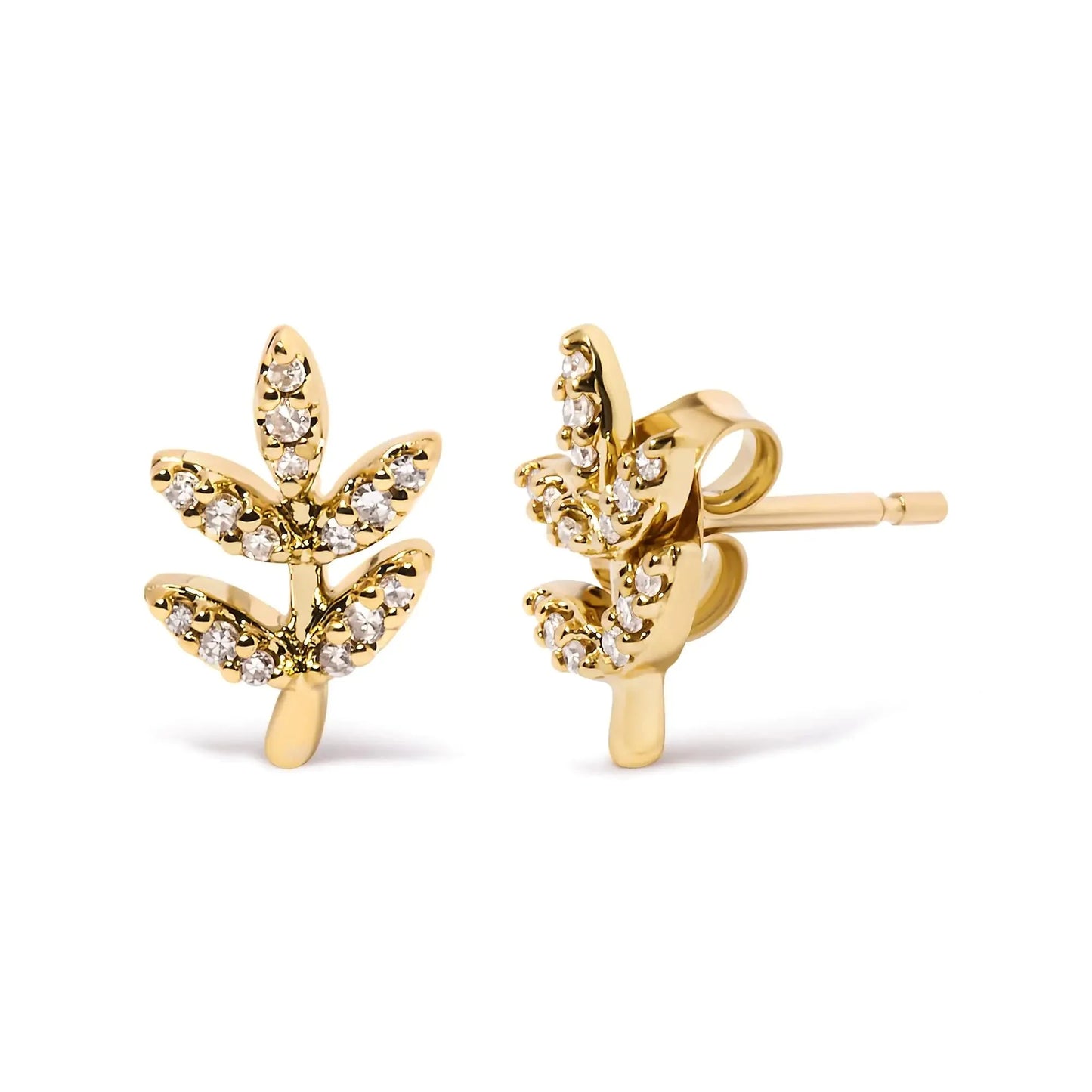 10K Yellow Gold Diamond Accented Leaf and Branch Stud Earrings