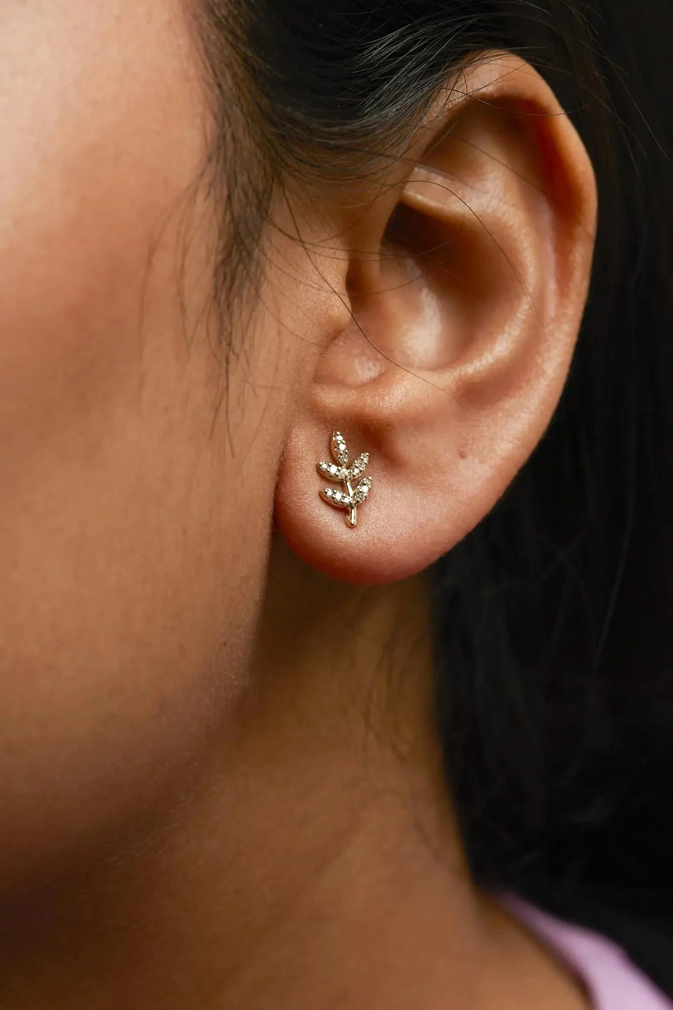 10K Yellow Gold Diamond Accented Leaf and Branch Stud Earrings
