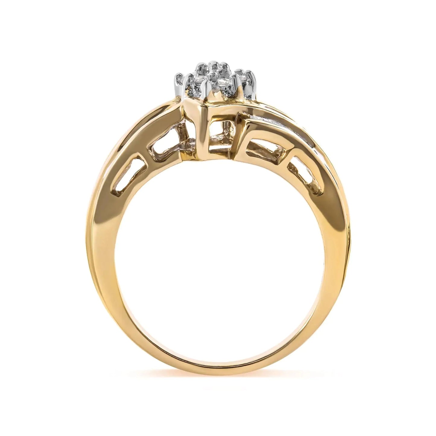 Bague en diamant en cluster en or jaune 10K avec bandeau cannelé