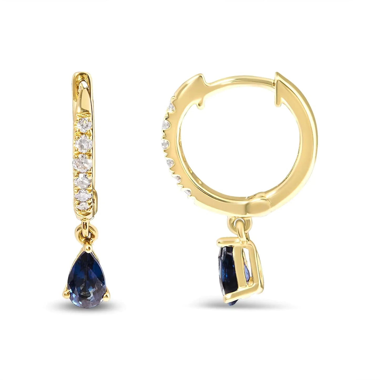 Boucles d'oreilles créoles en or jaune 10K avec saphir bleu en forme de poire et diamants
