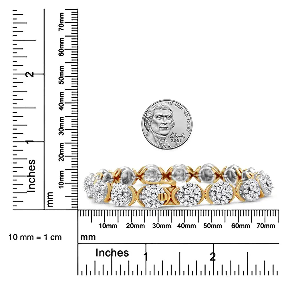 Bracelet de tennis en argent sterling plaqué or jaune 10k avec cluster de diamants - 7,25"