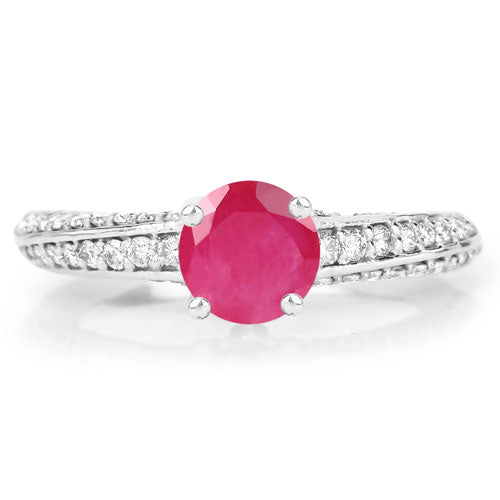 1.49 Carat Genuine Ruby and White Diamond 14K White Gold Engagement Ring