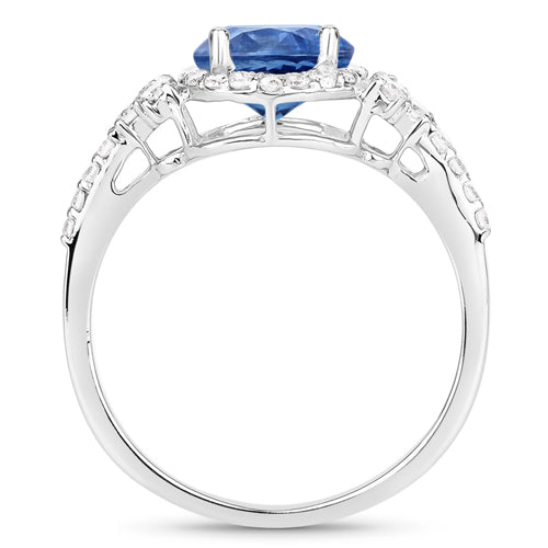 Bague Halo en Saphir Bleu et Diamants de 1,34 Carat en Or Blanc 14K
