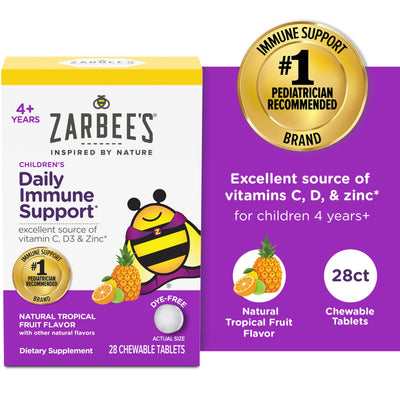 Soutien immunitaire quotidien pour enfants Zarbee, 4 ans et plus, saveur fruit tropical, 28 comprimé