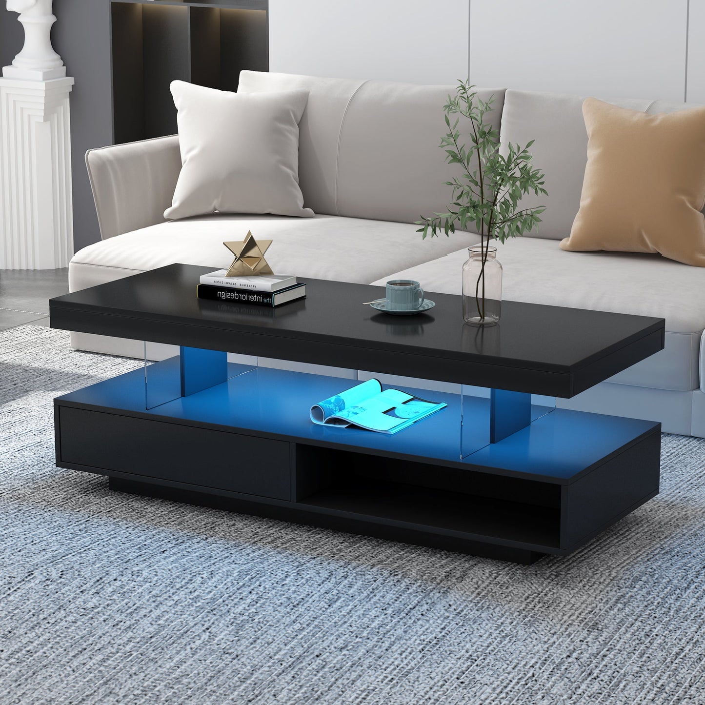 U-Can LED coffee table with storage space, modern central table with 2 drawers and display rack, equipped with LED lights, black - Korvel