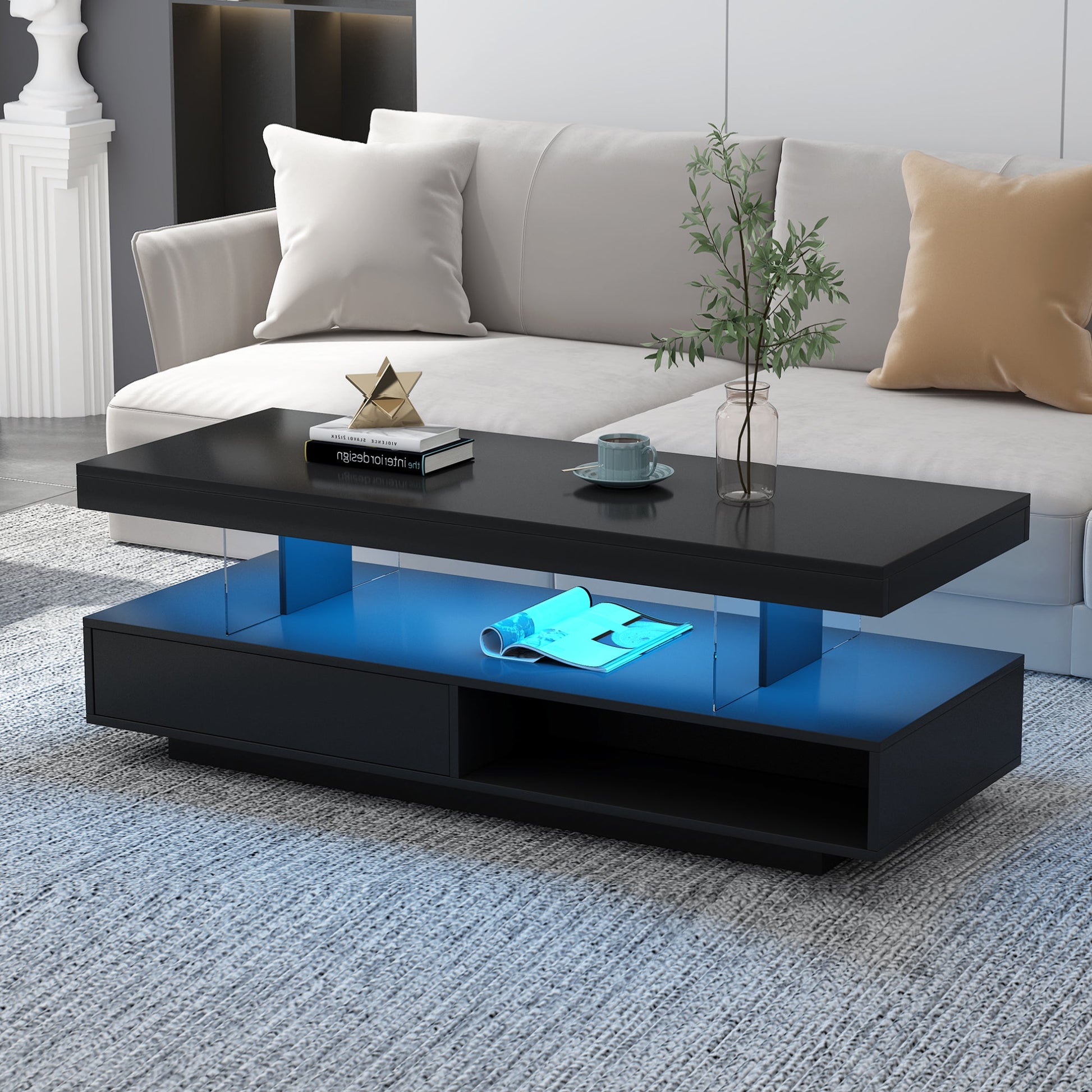 U-Can LED coffee table with storage space, modern central table with 2 drawers and display rack, equipped with LED lights, black - Korvel