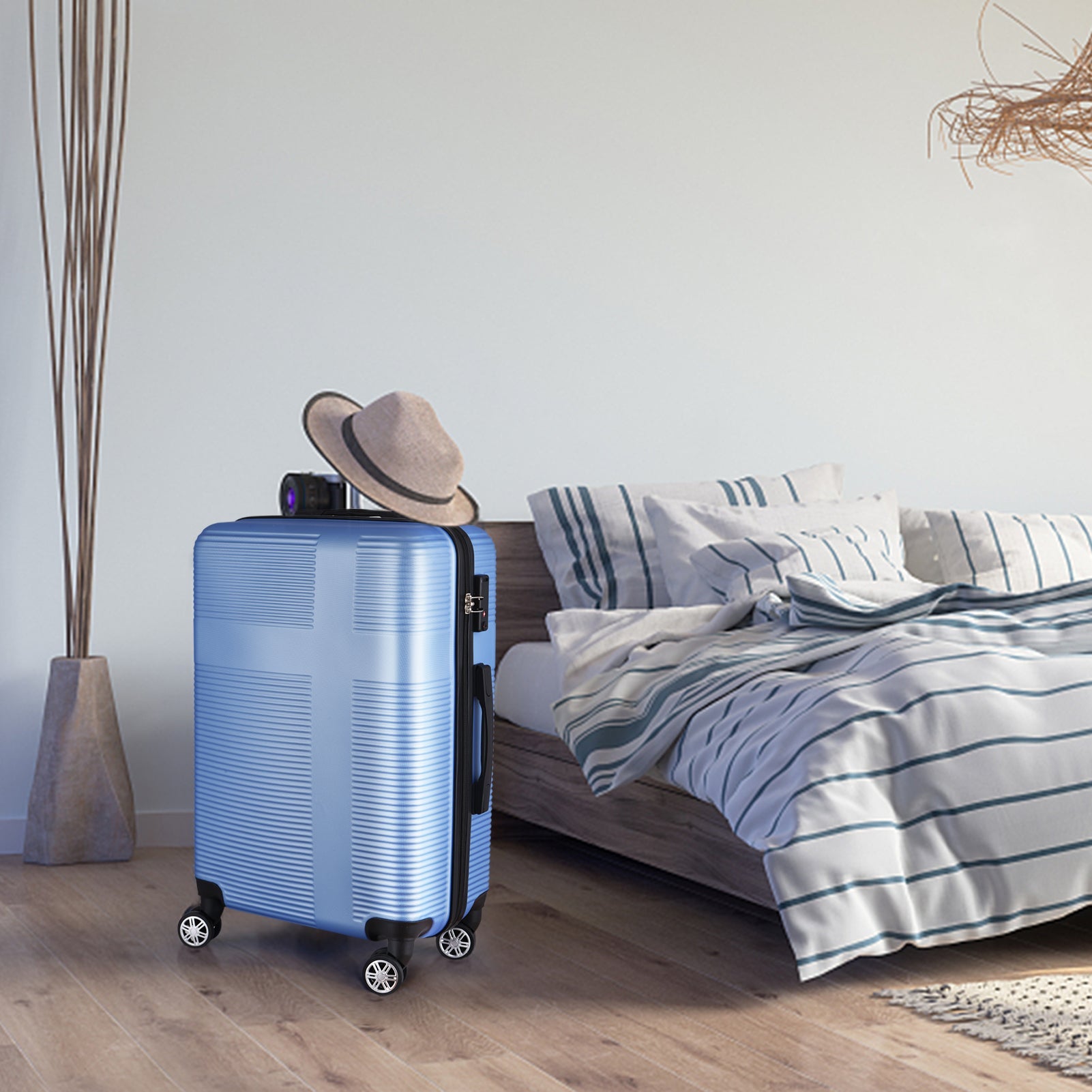 3 Piece Luggage with TSA Lock ABS, Durable Luggage Set, Spinner Wheels Cross Stripe Luggage Sets 20in/24in /28in Light Blue - Korvel