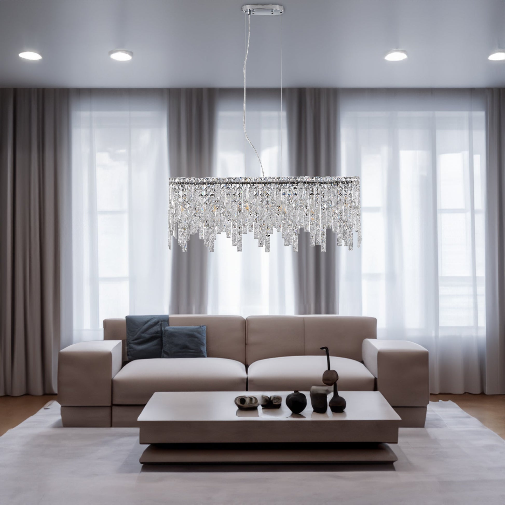 Silver elegant oval crystal pendant light, modern ceiling fixture with reflective suspended crystal (bulb not included) - Korvel