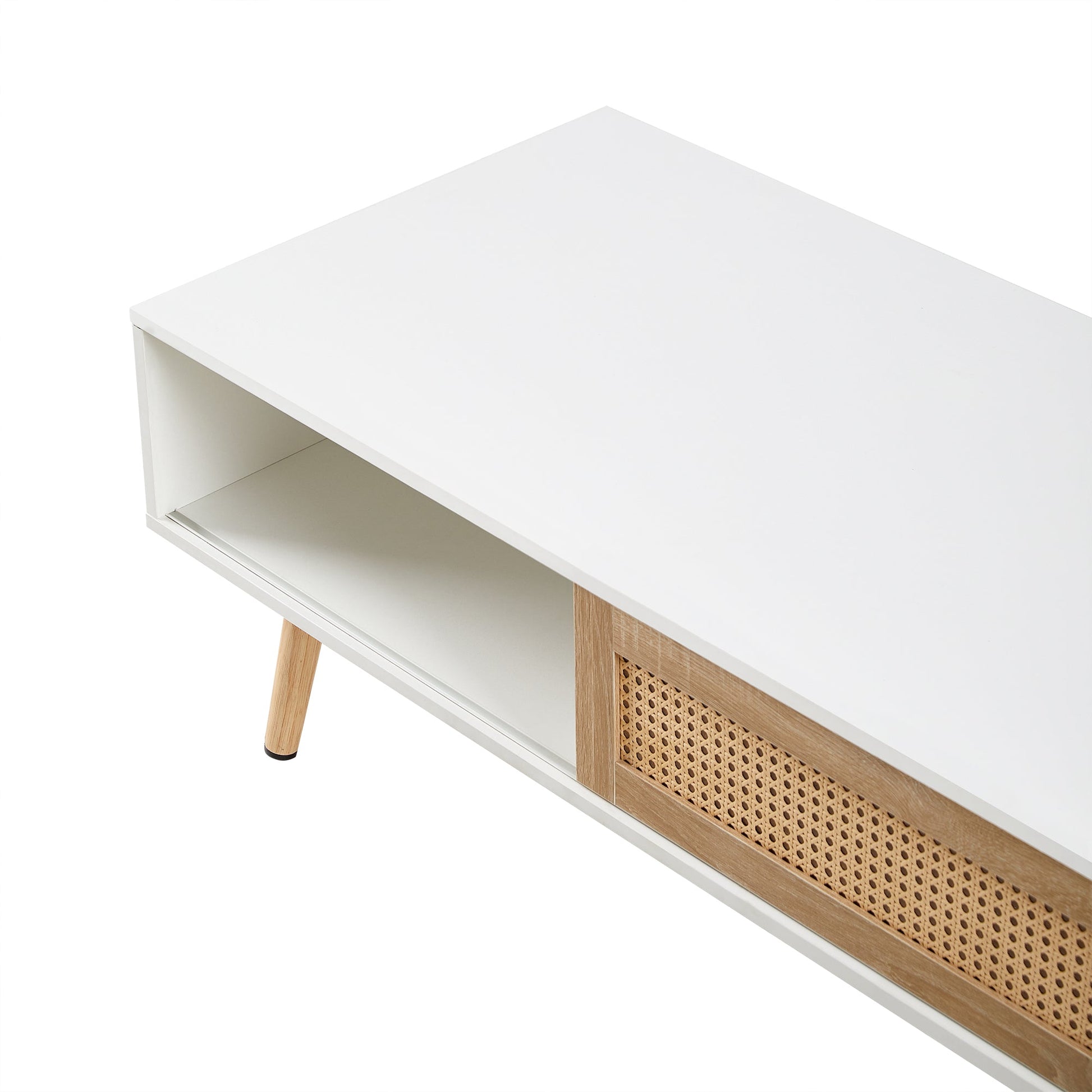 41.34" Rattan Coffee table sliding door for storage solid wood legs White - Korvel