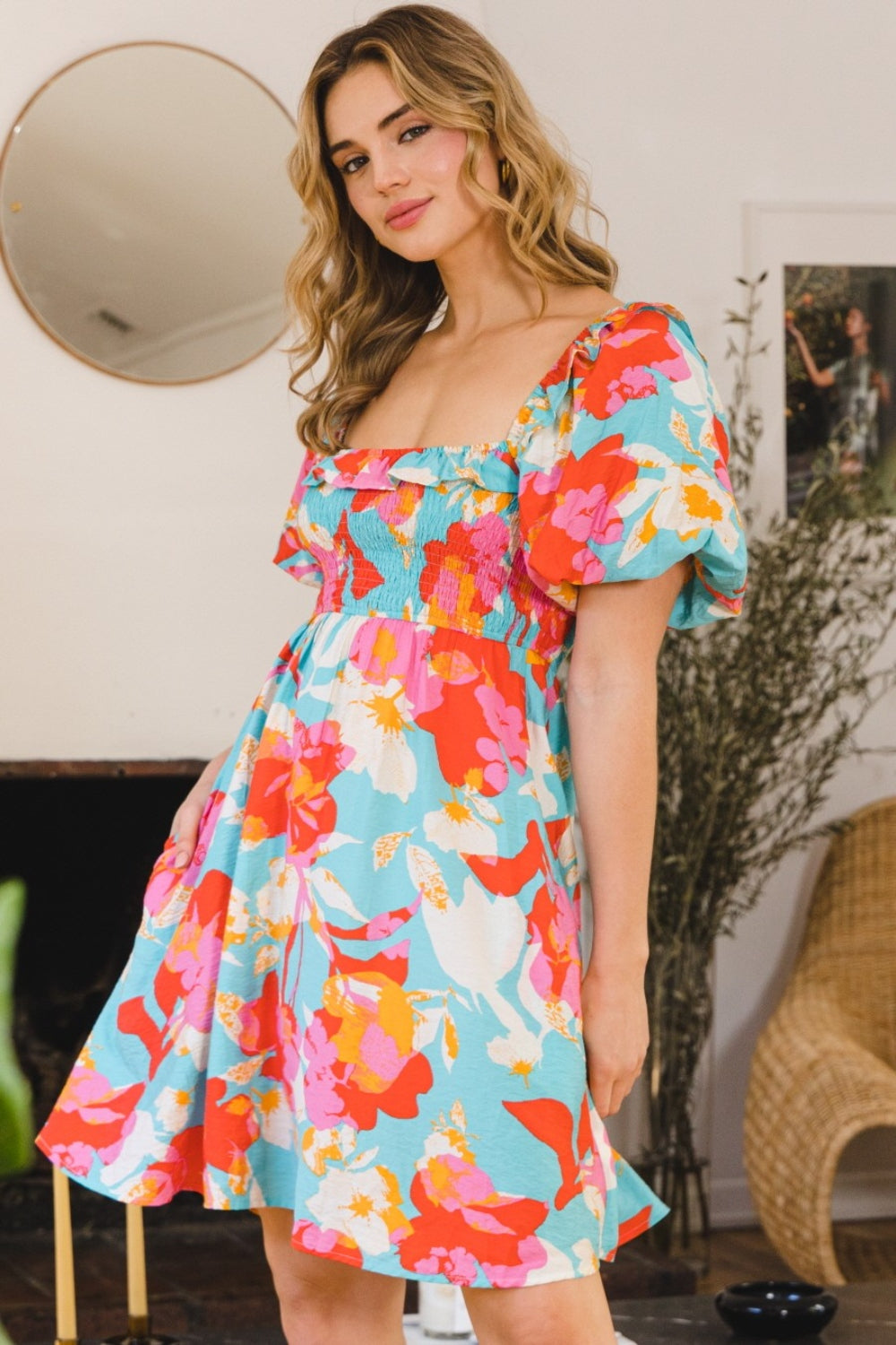 Robe Mini d'Été Imprimée Chic avec Manches Bouffantes
