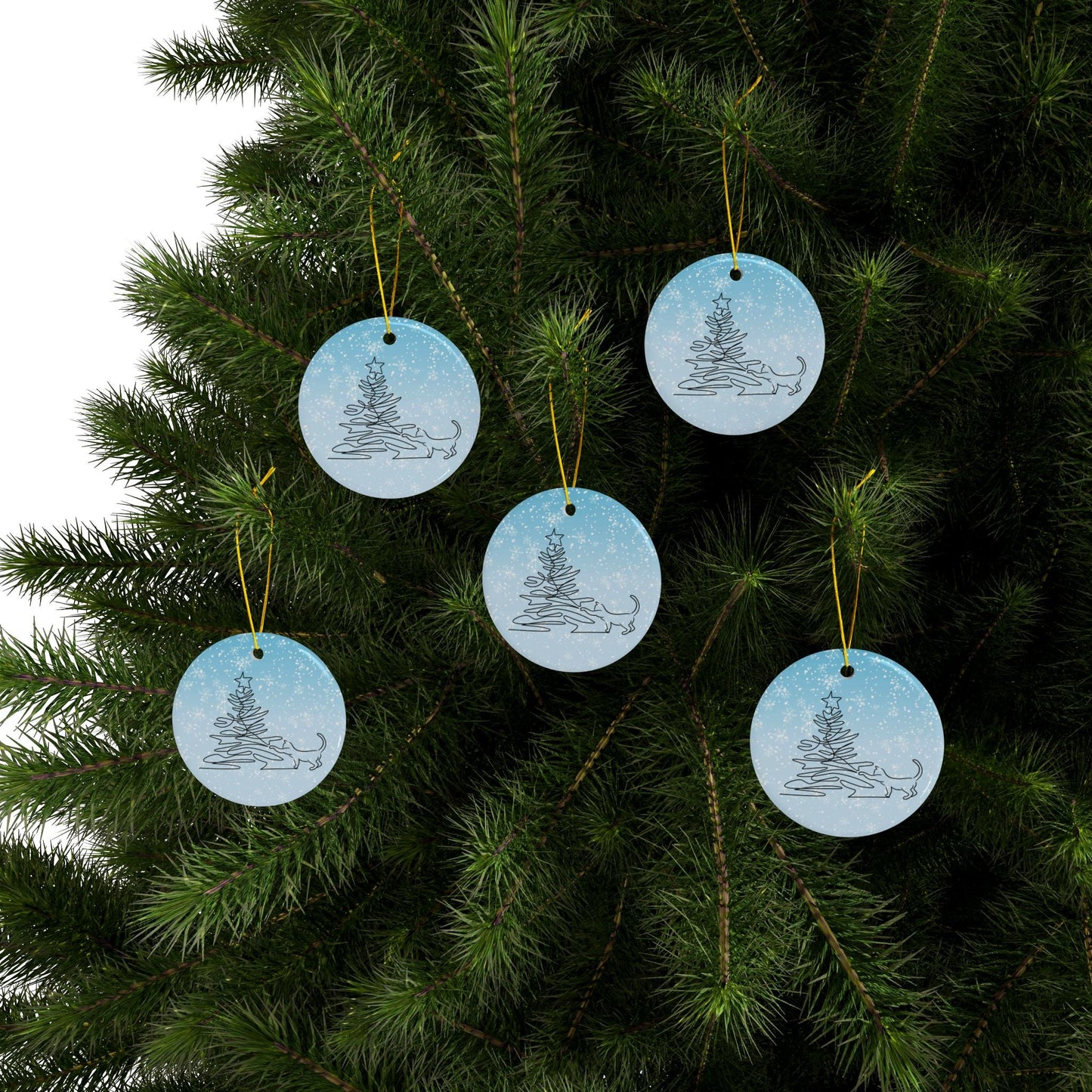 Sketchy Christmas Kitty Ceramic Ornaments - Double-Sided Design