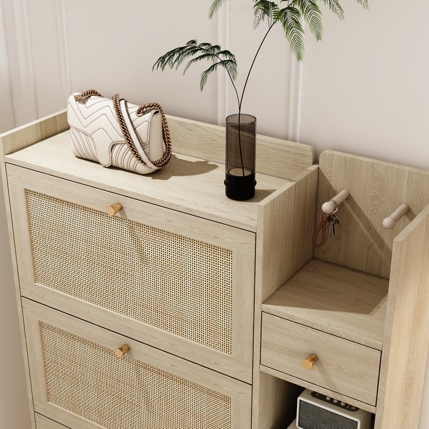 Natural Bohemian style shoe cabinet with 3 rattan flip drawers, 3 square shelves, and 1 storage drawer,  Natural - Korvel