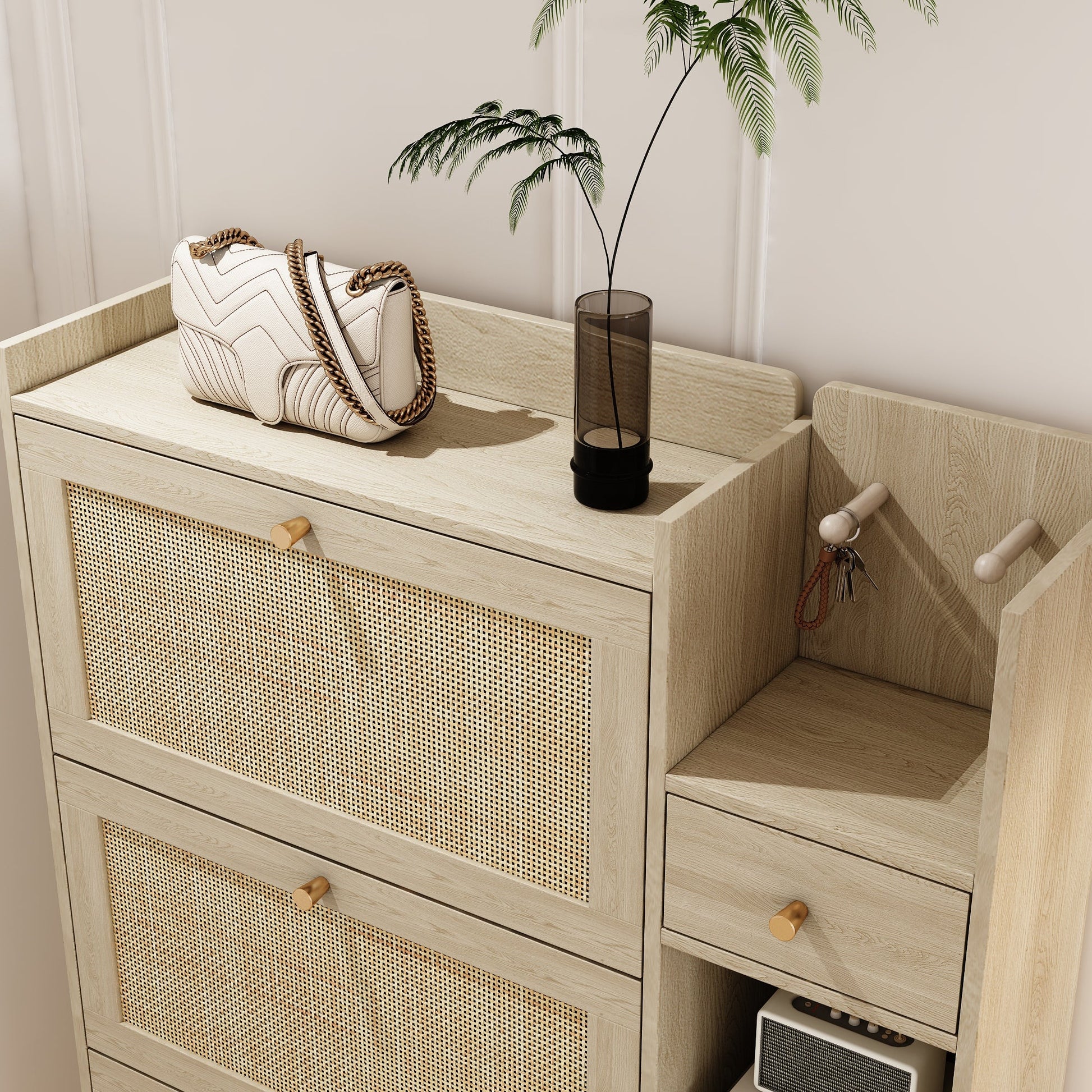 Natural Bohemian style shoe cabinet with 3 rattan flip drawers, 3 square shelves, and 1 storage drawer,  Natural - Korvel