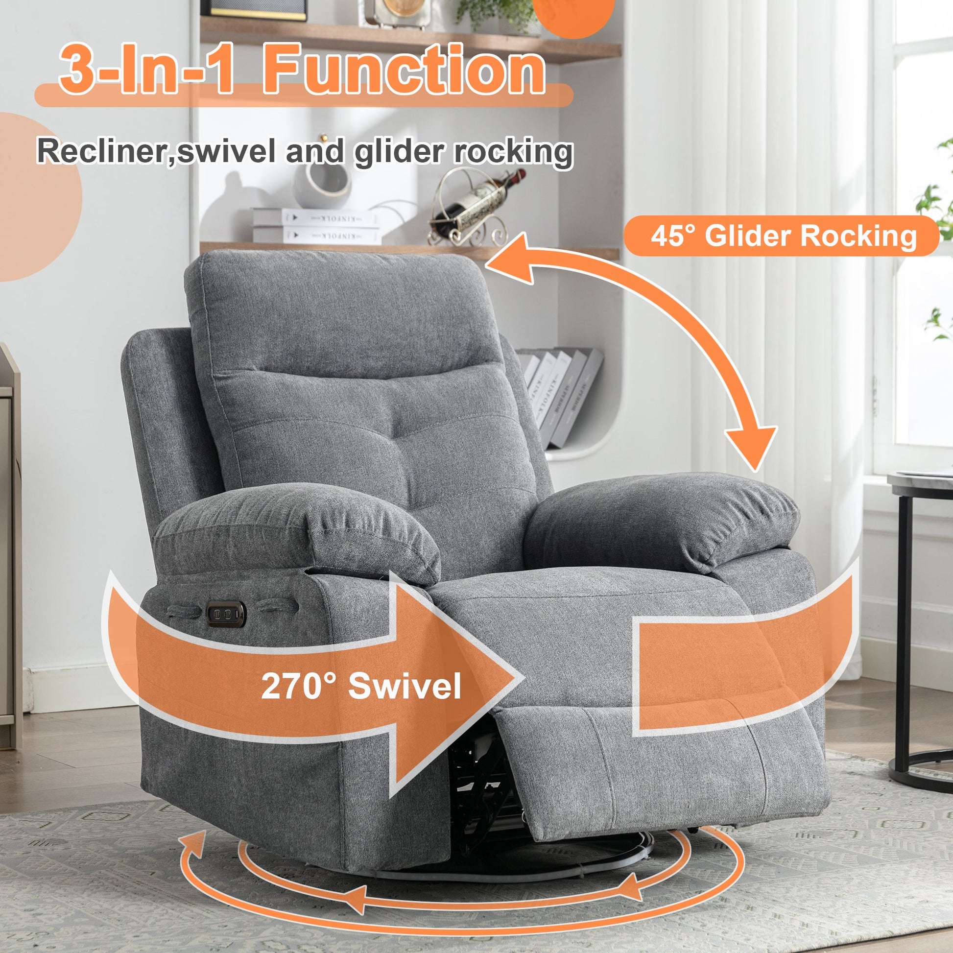270 degree rotating electric recliner speaker with LED light, USB+C charging port, extendable foot pedal, adjustable backrest - Korvel