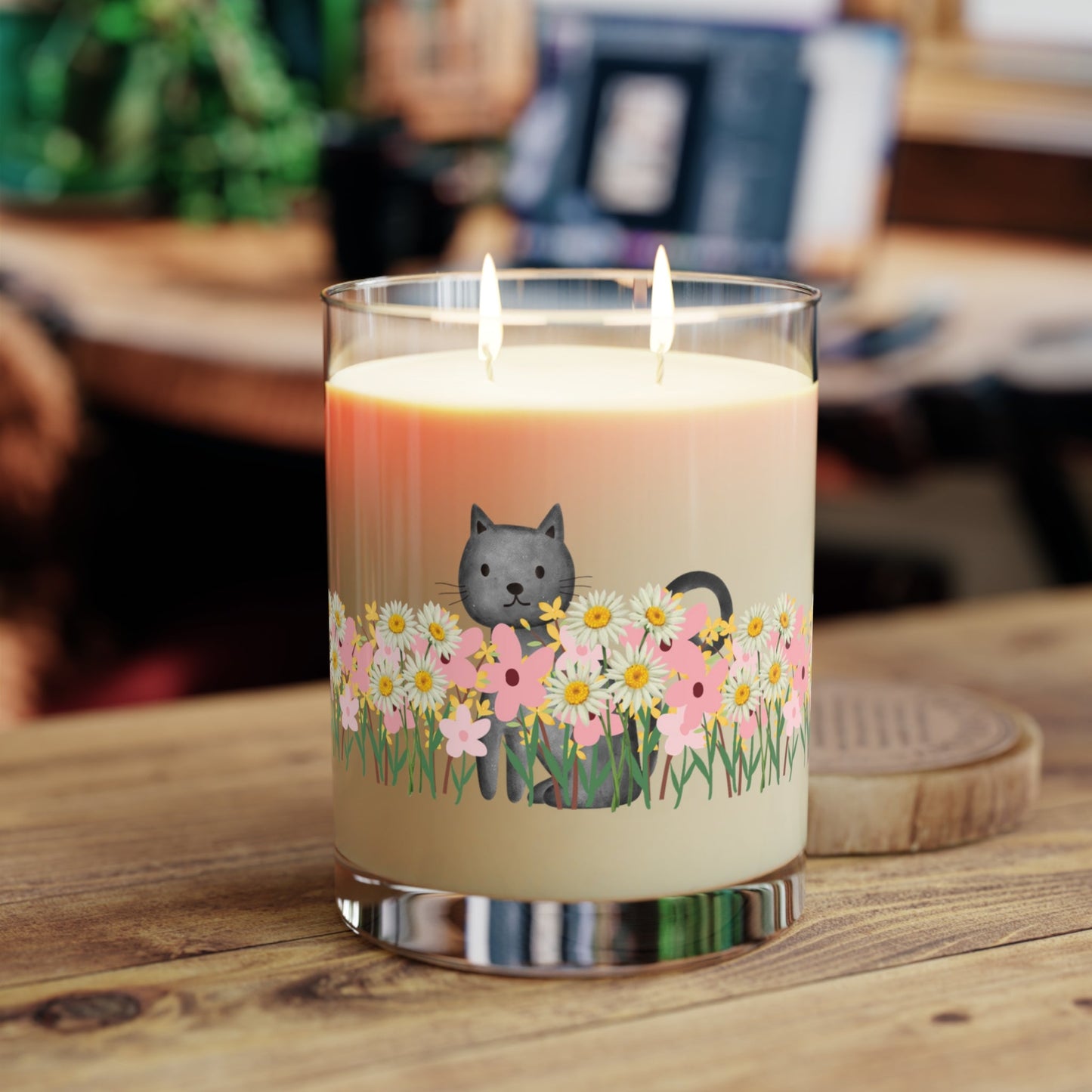 Floral Cat Glass Candle – Cozy Cat Lover Decor