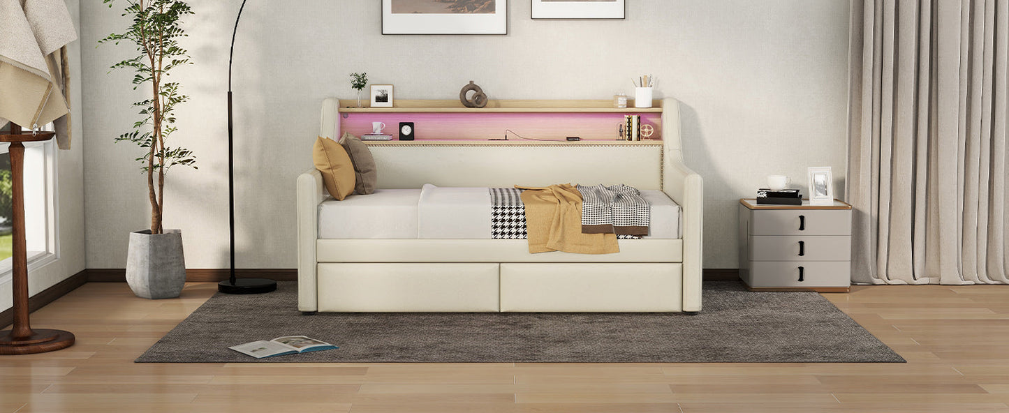Twin Size Daybed with Storage Drawers, Upholstered Daybed with Charging Station and LED Lights, Beige - Korvel
