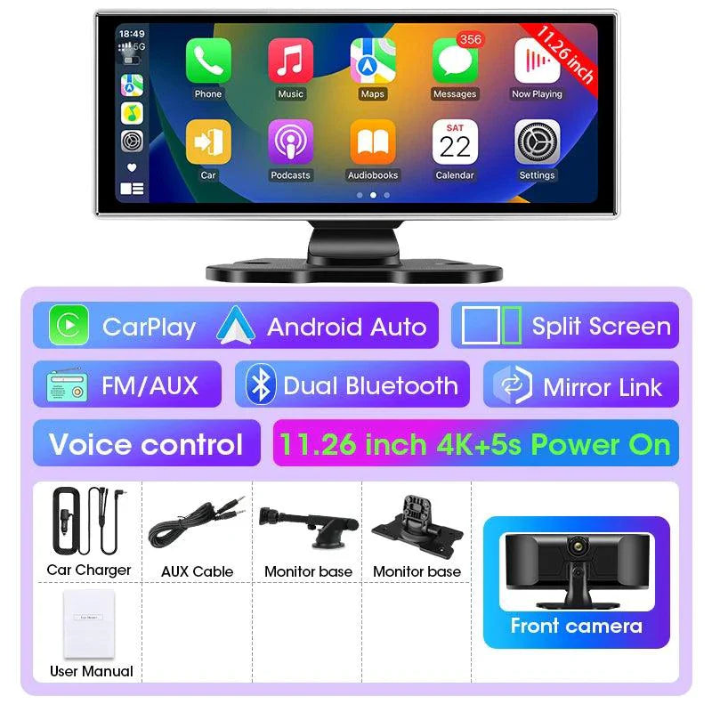 Cámara de tablero 4K de 11.26 pulgadas con doble lente y conectividad inalámbrica