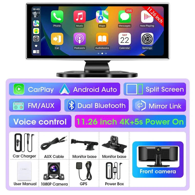 Cámara de tablero 4K de 11.26 pulgadas con doble lente y conectividad inalámbrica