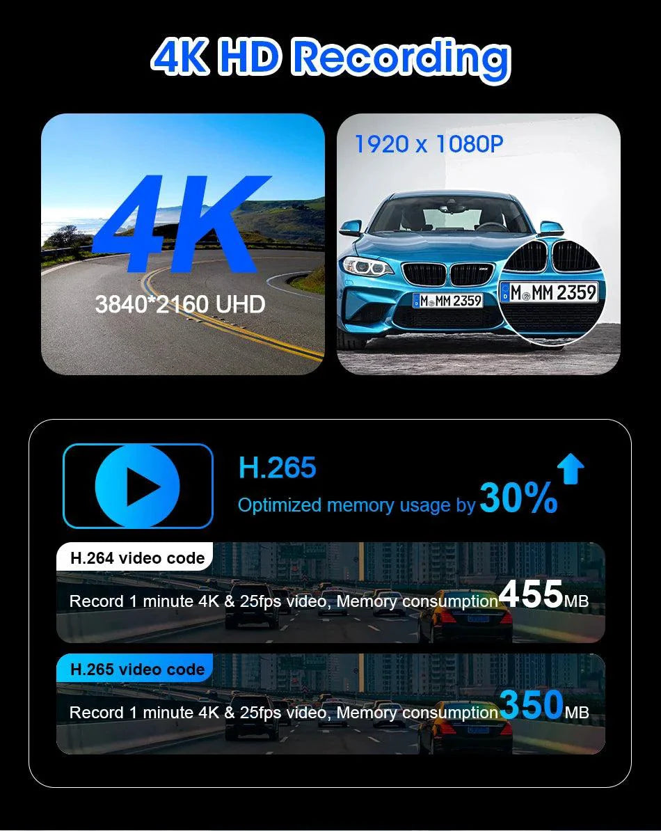 Cámara de tablero 4K de 11.26 pulgadas con doble lente y conectividad inalámbrica