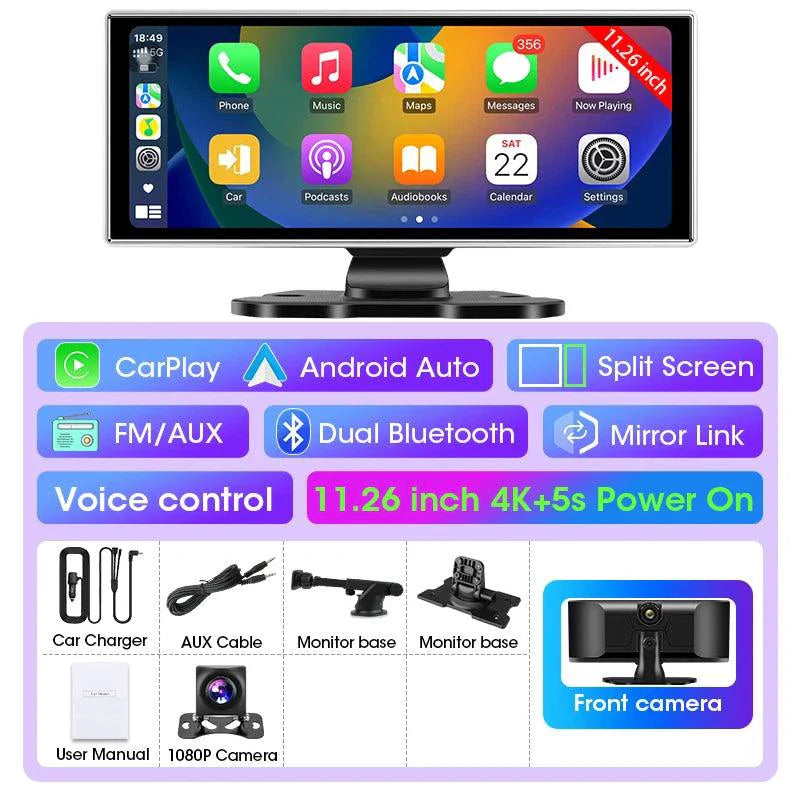 Cámara de tablero 4K de 11.26 pulgadas con doble lente y conectividad inalámbrica
