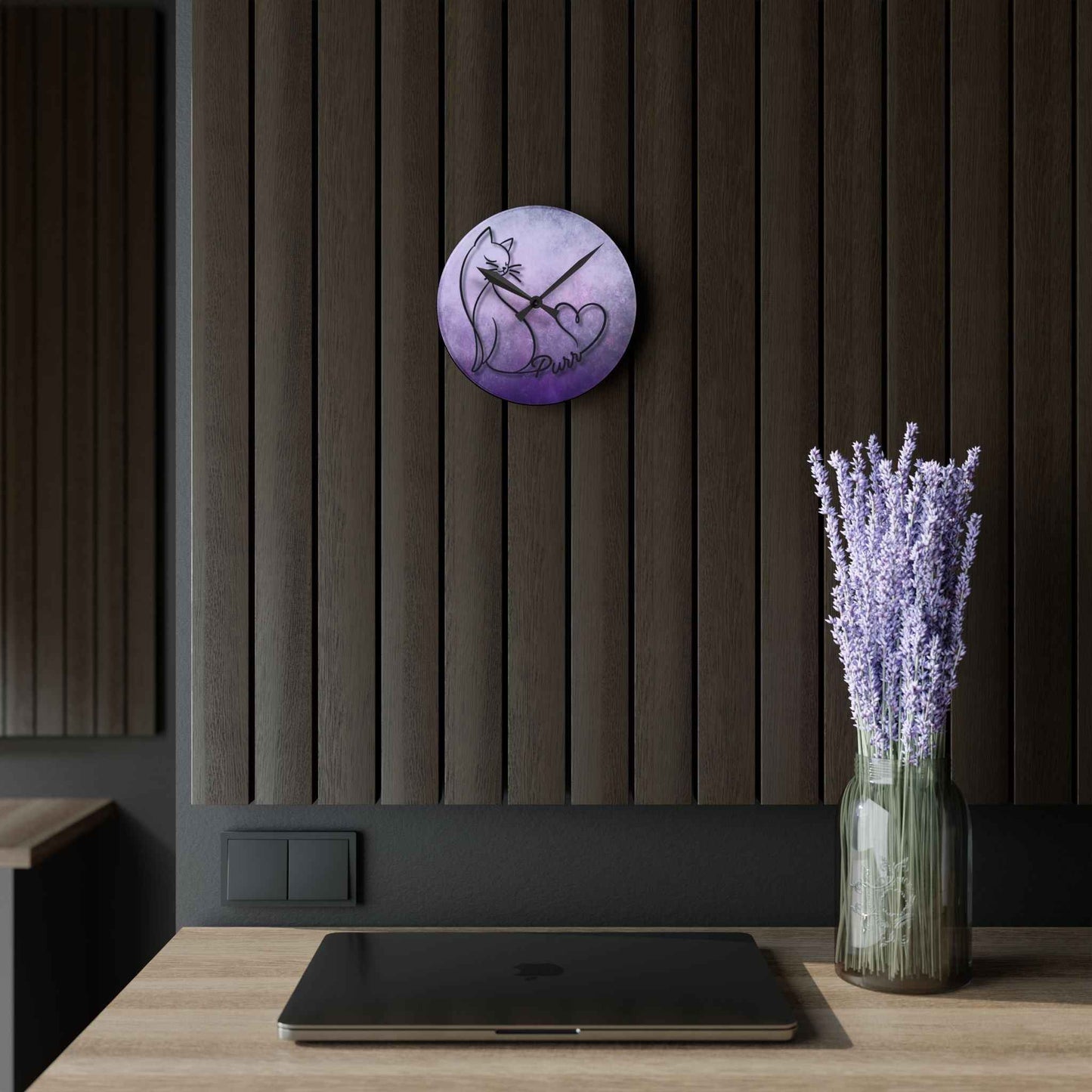 Purr Cat Heart Acrylic Wall Clock – Minimalist Cat Lover Decor