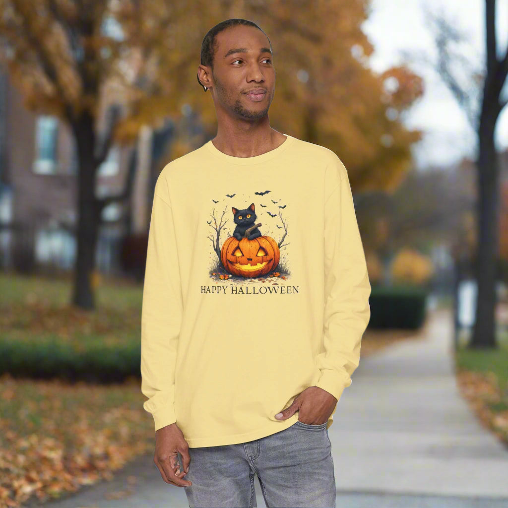 Happy Halloween Cat Long Sleeve Tee for Cat Lovers