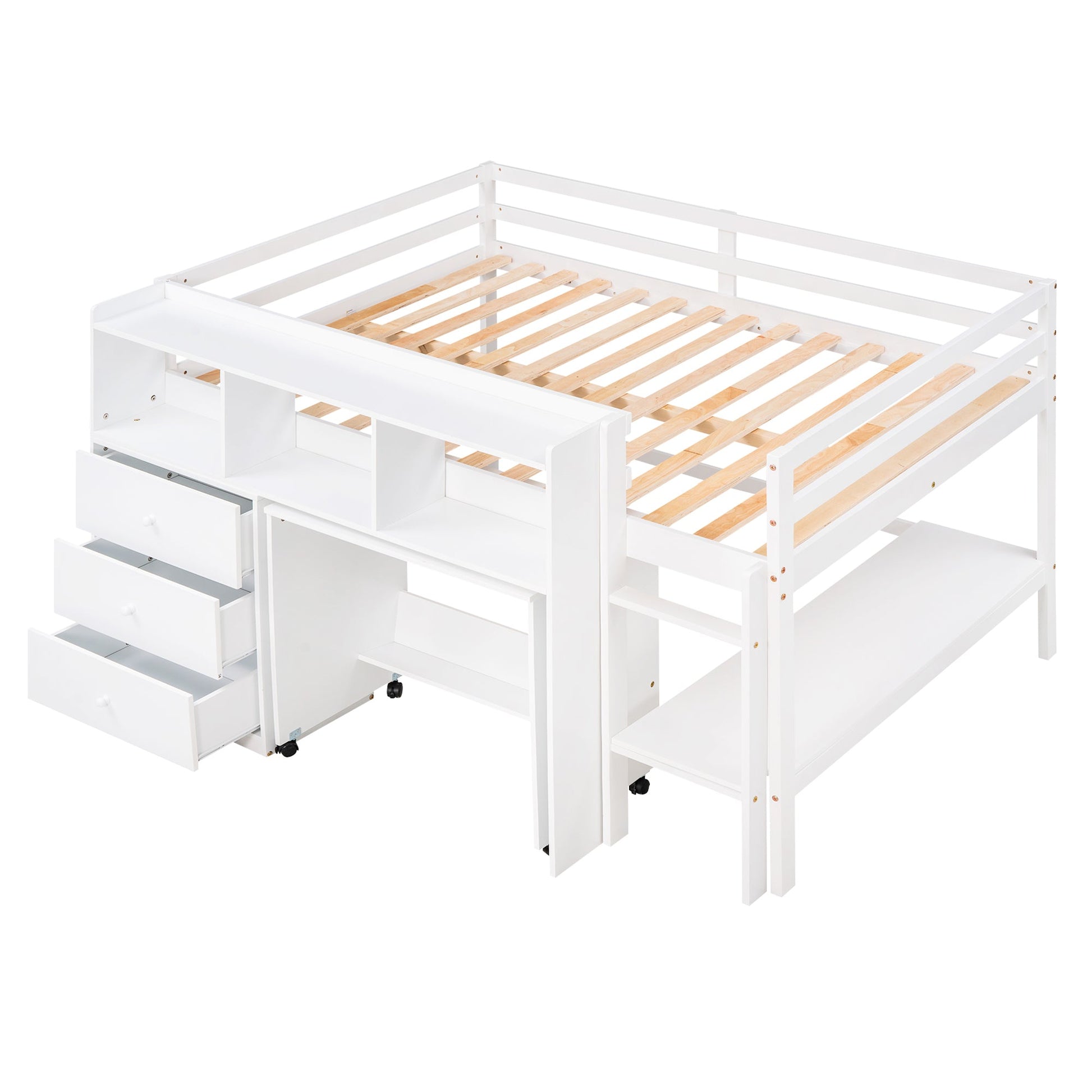 Full Size Low Loft Bed with Rolling Portable Desk, Drawers and Shelves, White - Korvel