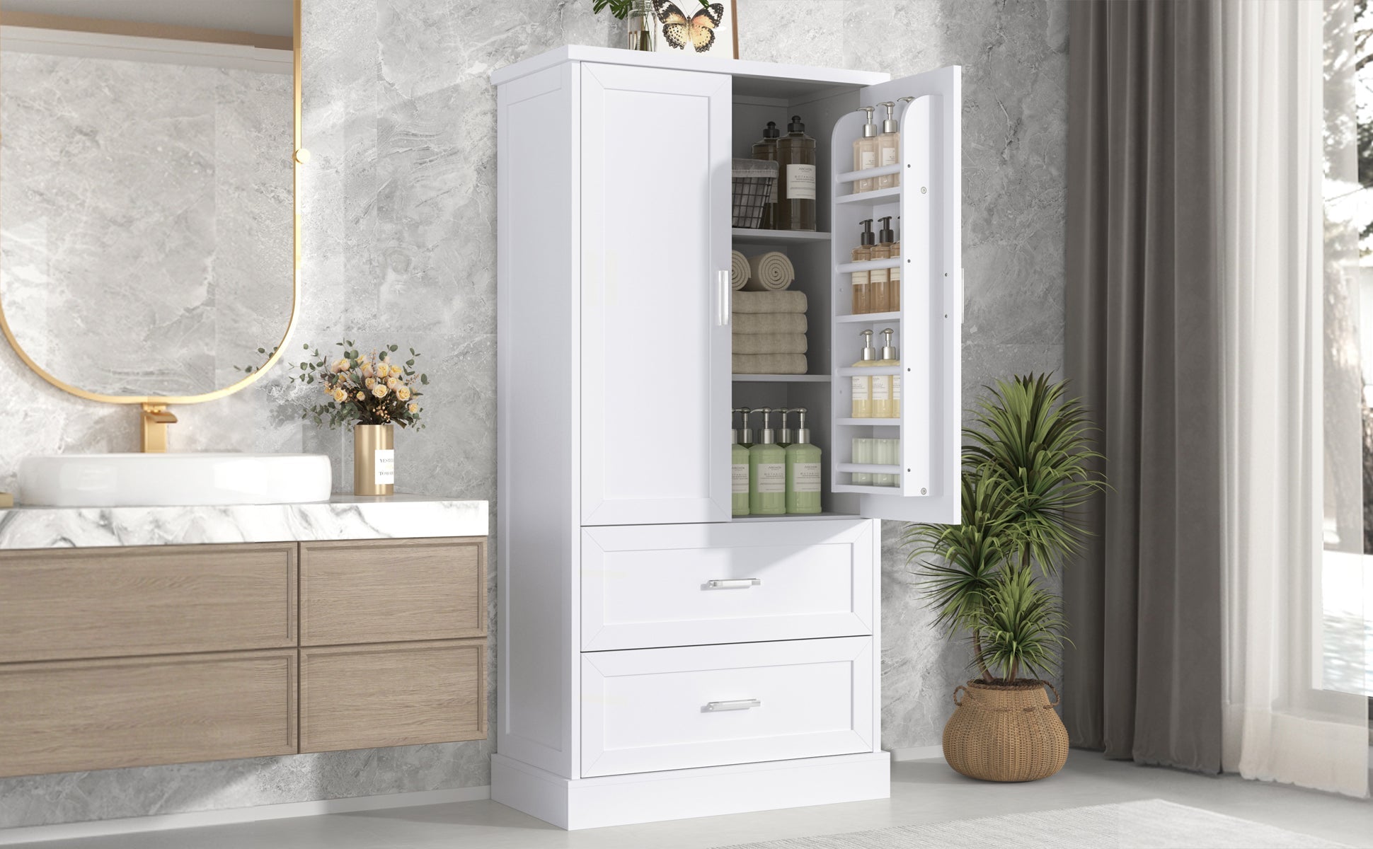 Tall Bathroom Storage Cabinet, Cabinet with Two Doors and Drawers, Adjustable Shelf, MDF Board, White - Korvel