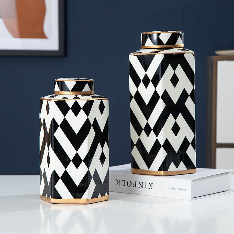 Geometric Black and White Striped Storage Jar Household Ceramic Candy Sealed Jar Vase Sundries Container Home Decoration - Korvel