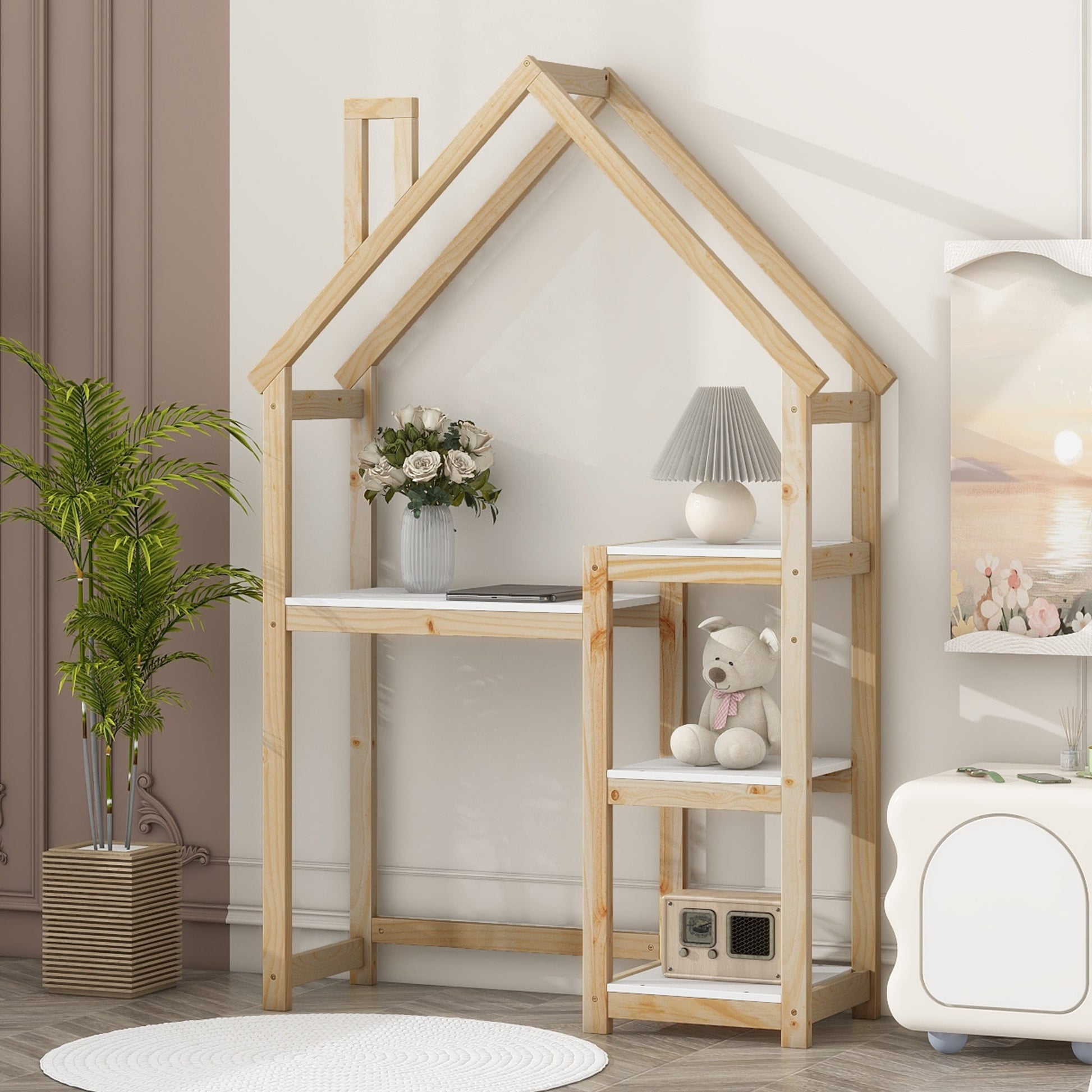 House-shaped Wooden writing Desk Kids study Table Bookshelf & Toy Storage Natural - Korvel