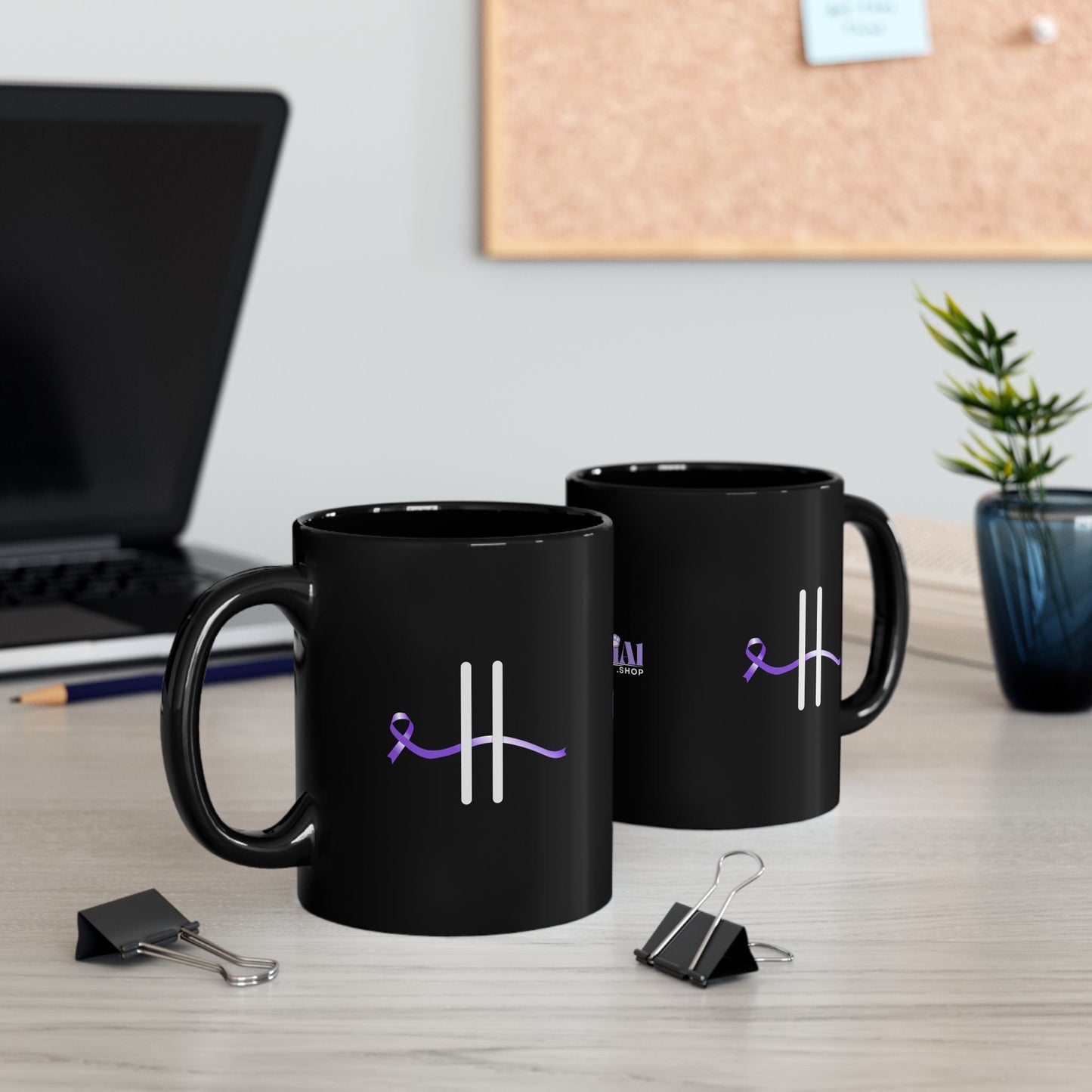 Pause for Epilepsy Awareness Purple Ribbon Black Ceramic Mug