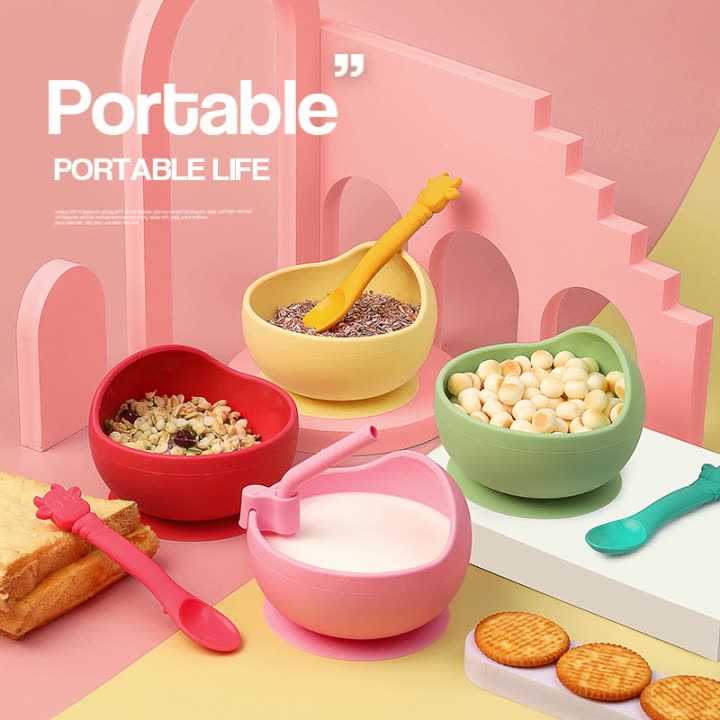 Children's Full Silicone Bowl Sucker Learning To Eat Training Meal Bowl Adsorption Baby Spoon Fork Meal Set Kindergarten Bowl Plate - Korvel