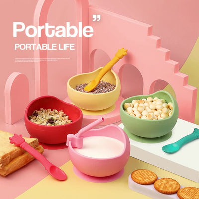 Children's Full Silicone Bowl Sucker Learning To Eat Training Meal Bowl Adsorption Baby Spoon Fork Meal Set Kindergarten Bowl Plate - Korvel