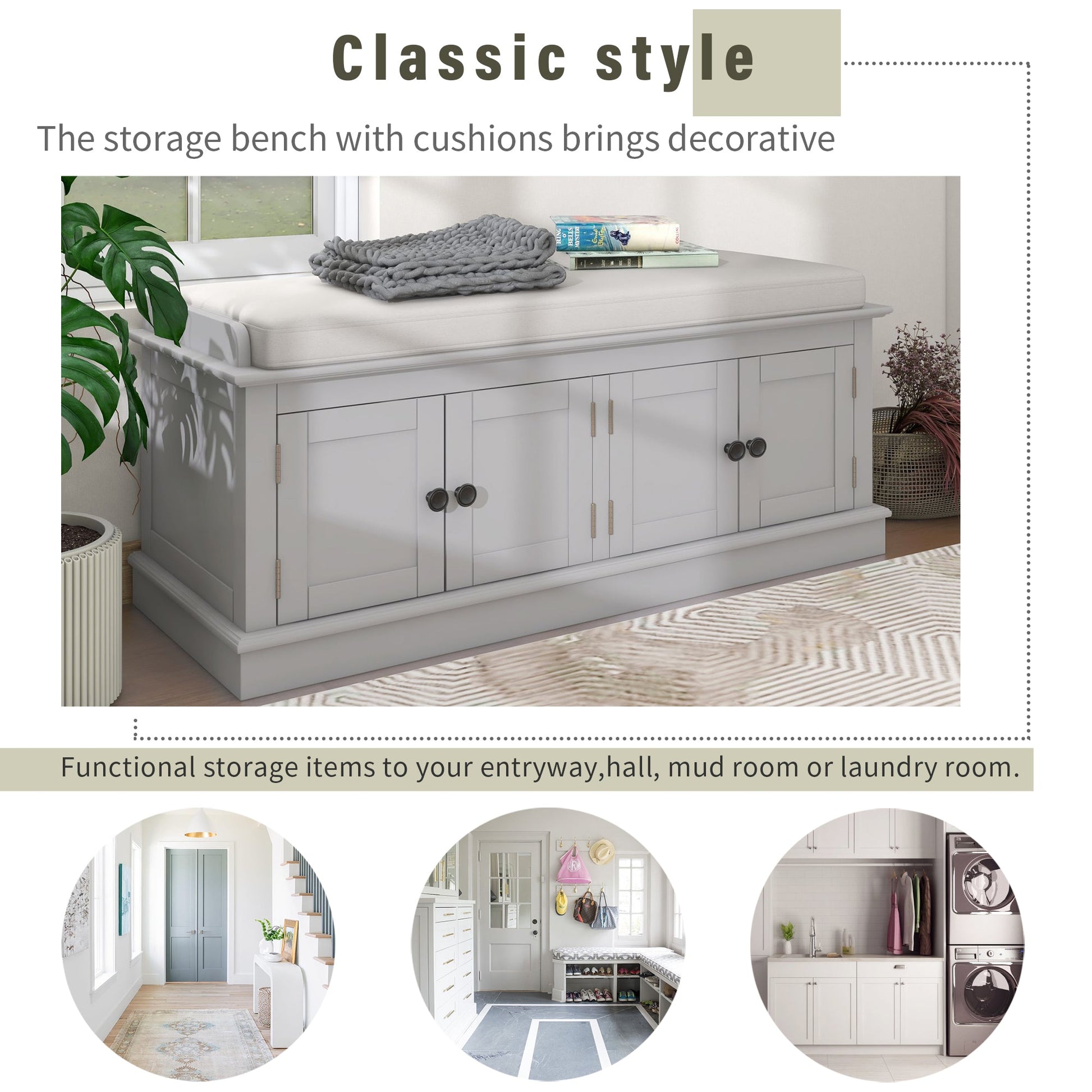 TREXM storage table with 4 doors and adjustable shelves and detachable cushioned shoe stand(Gray Wash) - Korvel