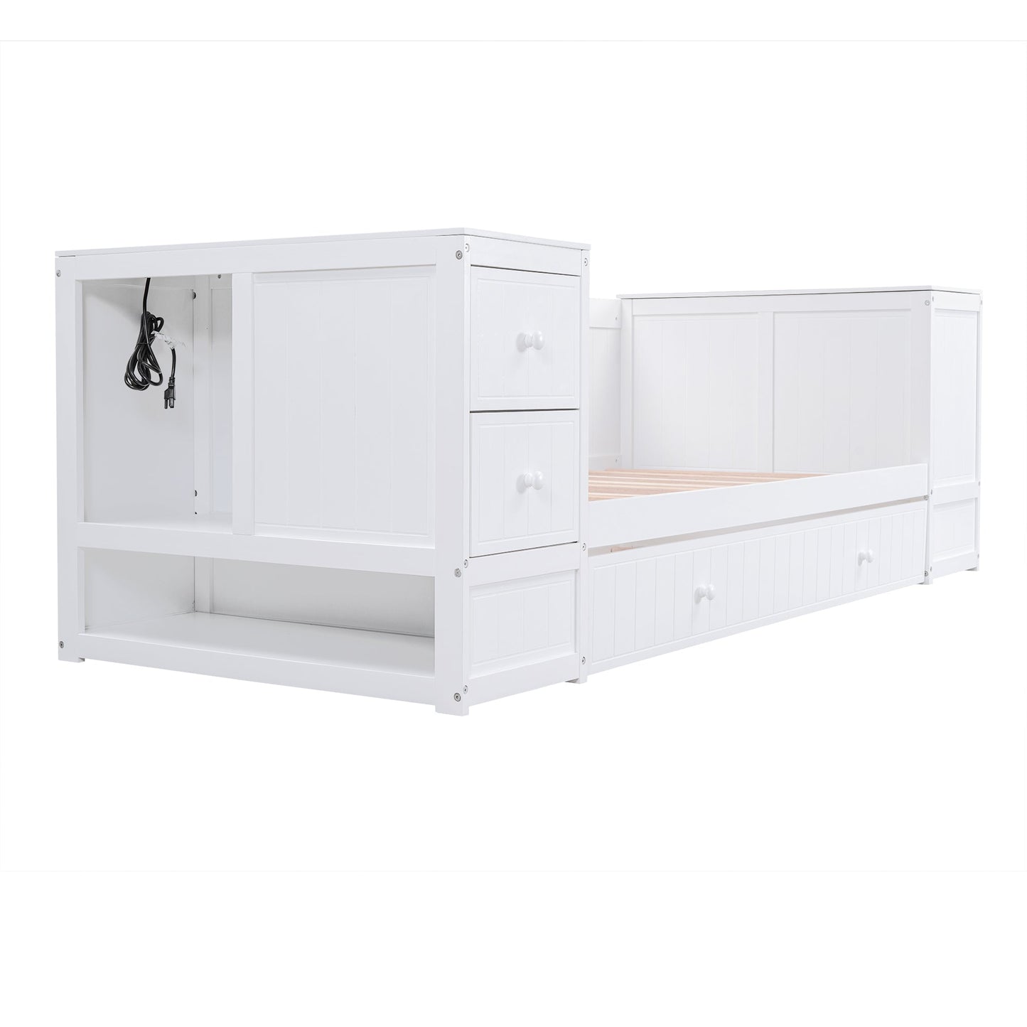 Twin Size Daybed with Storage Arms  Trundle and Charging Station White - Korvel