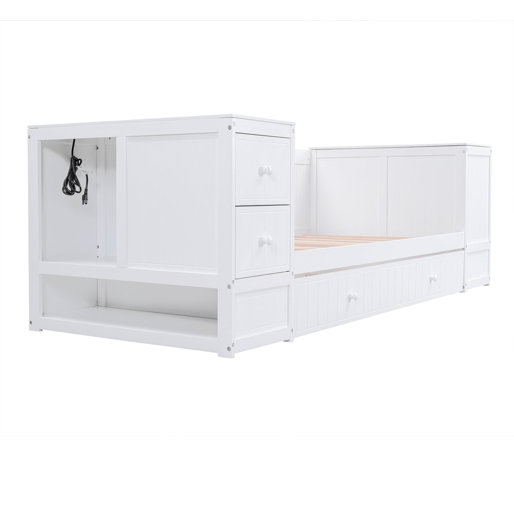 Twin Size Daybed with Storage Arms  Trundle and Charging Station White - Korvel