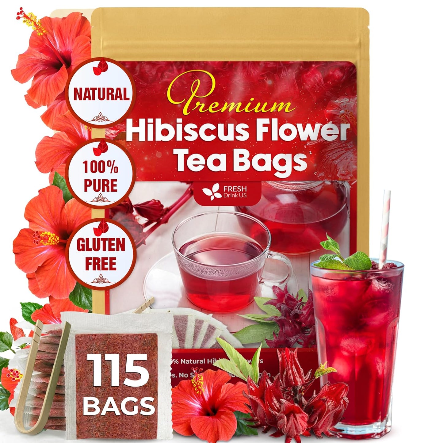Flores secas de hibisco, bolsitas de té, 100 % natural, puro de flores de hibisco. Té de hibisco a granel. Té de flor de hibisco. Sin azúcar, sin cafeína, sin gluten, vegano.