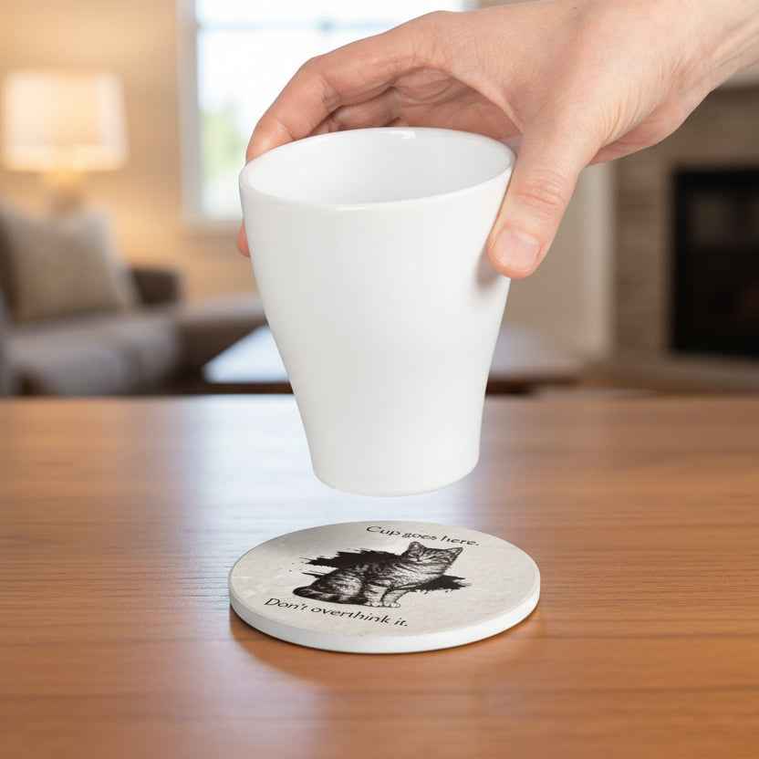 Cup Goes Here Cat Coaster - Clear Instructions for Beverage Placement