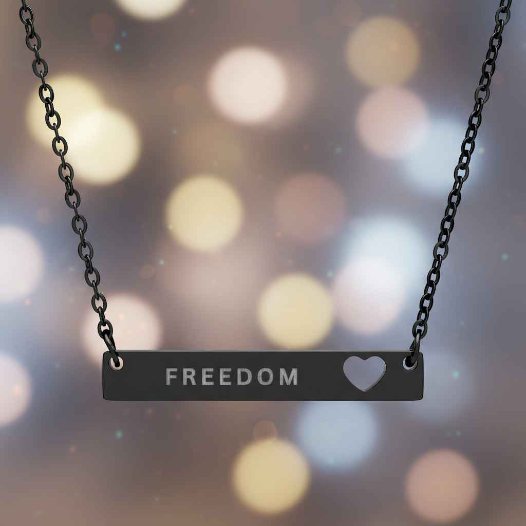 Engraved Freedom Cutout Heart Bar Necklace