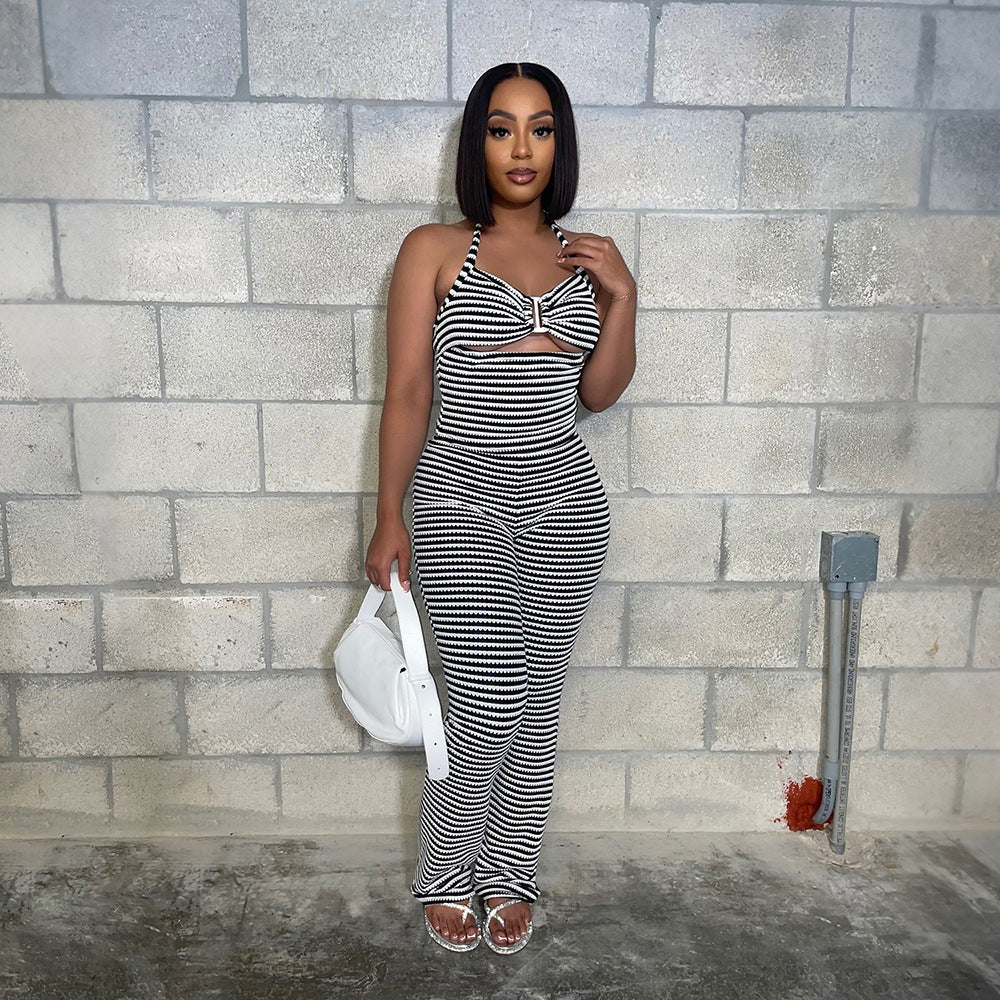 Belted Short Top with Slim Pencil Skirt Two-Piece Set in Jacquard Stripe - Korvel
