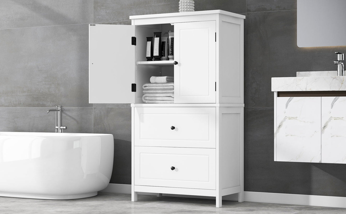 Bathroom Storage Cabinet, Cabinet with Two Doors and Drawers, Adjustable Shelf, MDF Board, White - Korvel