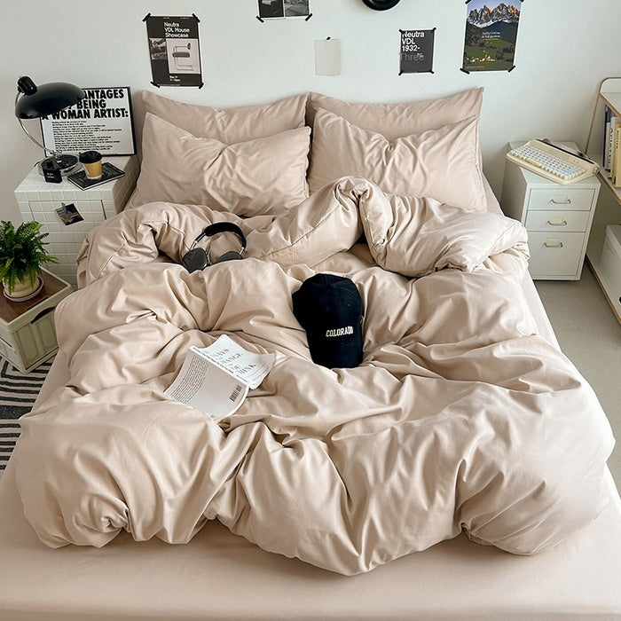Washed Cotton Solid Color Double Spliced Four-Piece Bedding Set - Sheet, Quilt Cover, Pillowcases for Employee and Dormitory Use - Korvel