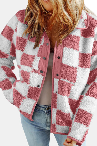 Chaqueta de Teddy de Manga Larga con Botones y Diseño a Cuadros Elegante
