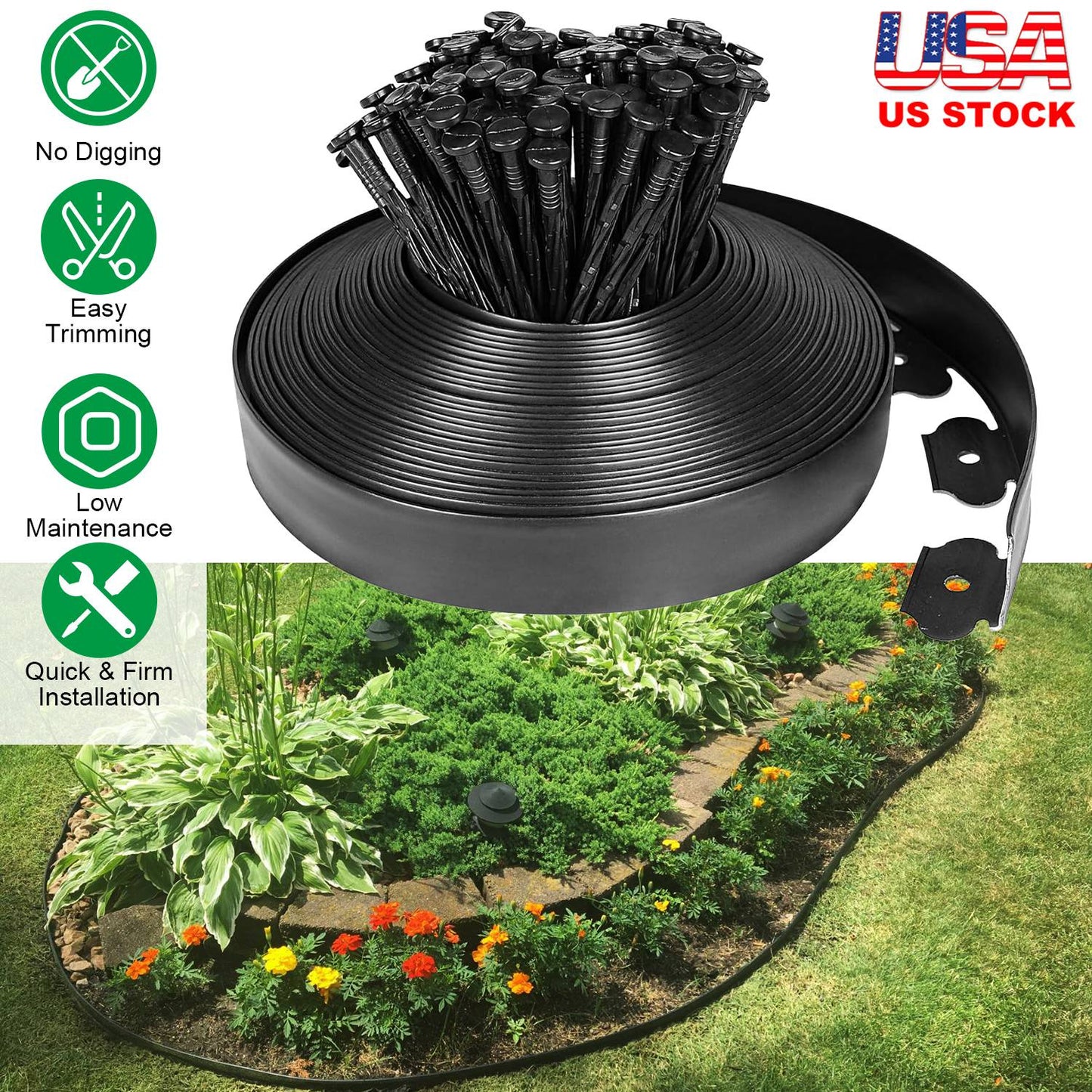 Kit de Bordes de Jardín de Plástico de 60FT sin Excavar con 54 Clavos