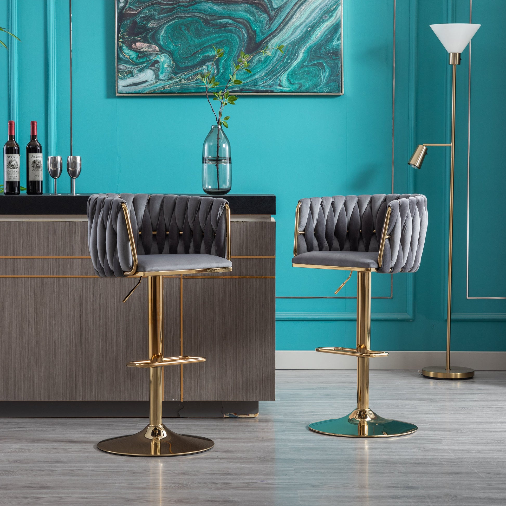 Set of 2 Bar Stools with Chrome Footrest and Base Swivel Height  Velvet + Golden Leg Simple Bar Stool-Grey - Korvel