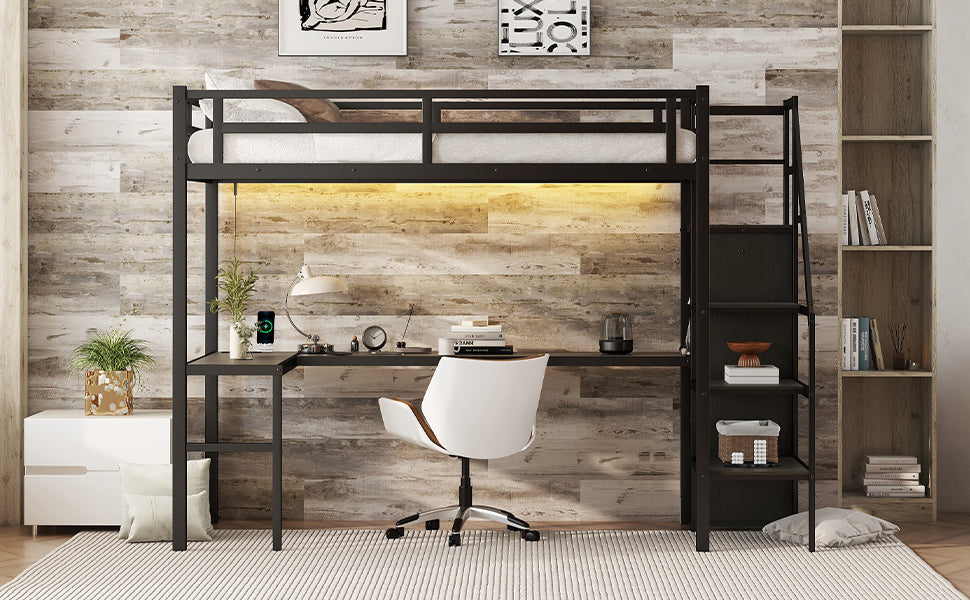 Twin XL Metal Loft Bed with L-shaped Desk and USB