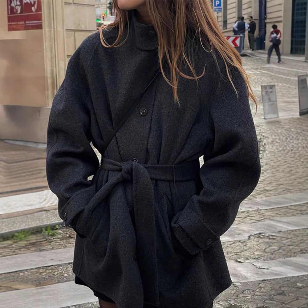Womens Wool Coat with Belt and Mock Neck