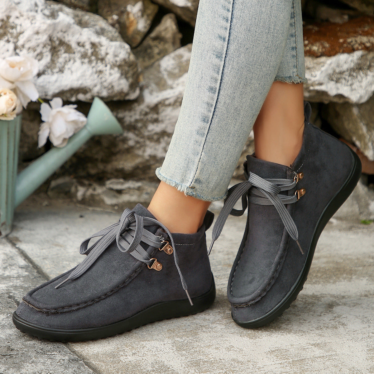 Lace-up Suede Sneakers for Women with Thick Sole