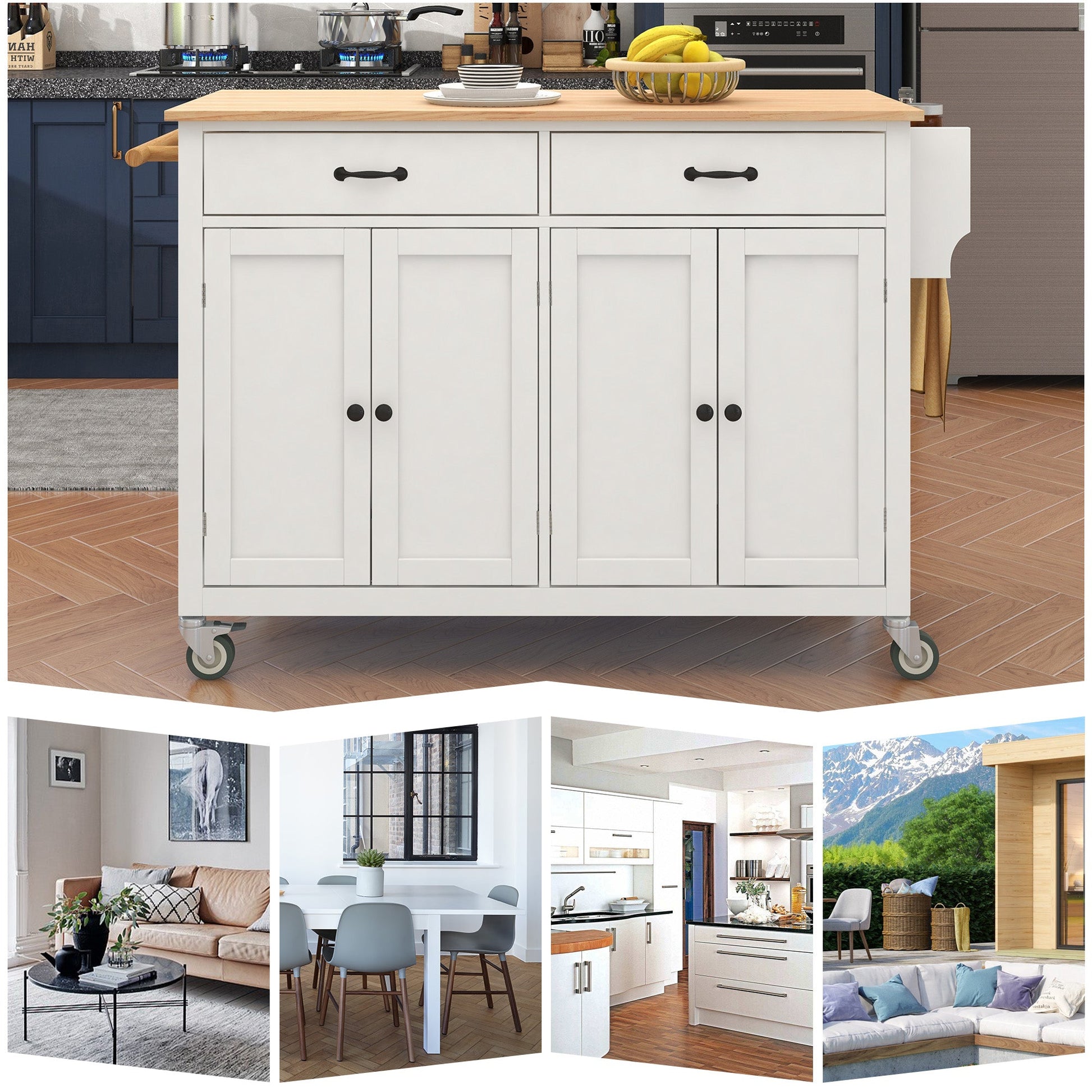 Kitchen Island Cart with Solid Wood Top and Locking Wheels 54.3 Inch Width  (White) - Korvel