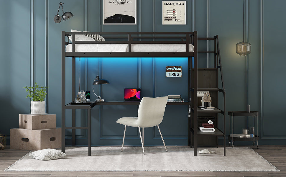 Full Size Loft Bed with L-shaped Desk and USB - Black